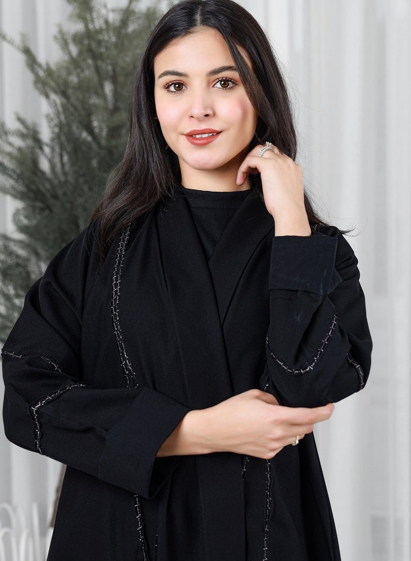 MyesuQ Black Linen Abaya With Pleats In The Sleeves  and front With Oriental Golden  Embroidery golden - Image 3