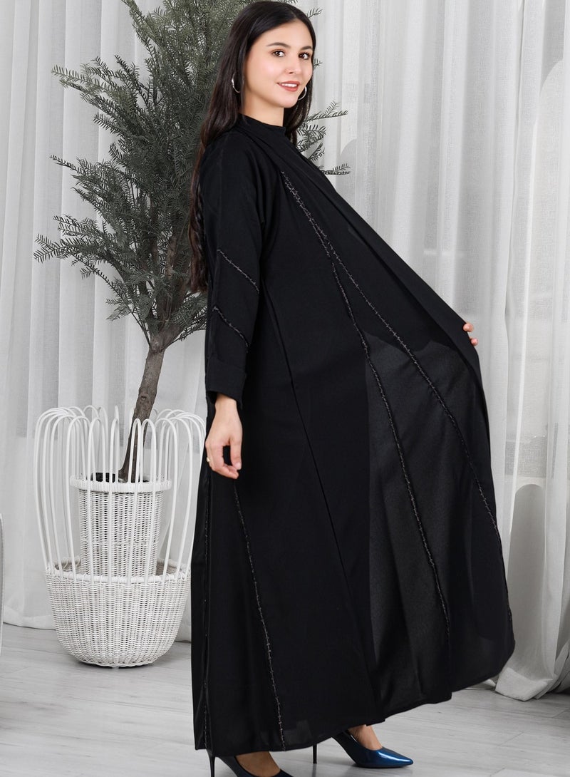 MyesuQ Black Linen Abaya With Pleats In The Sleeves  and front With Oriental Golden  Embroidery golden - Image 2