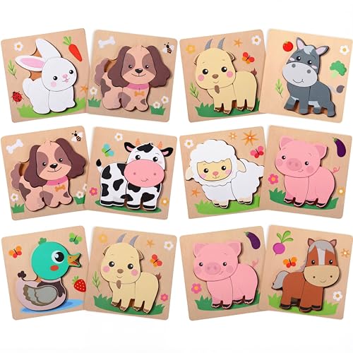 Capoda 12 Pack Farm Animal Wooden Puzzles Wood Farm Jigsaw for Toddlers Featuring Cow Sheep Pig and More Montessori Preschool Learning Games for Boys Girls Classroom Exchange Gifts Party Favors - Image 1