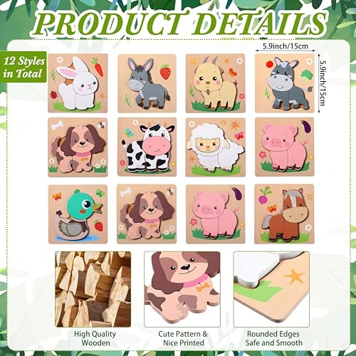 Capoda 12 Pack Farm Animal Wooden Puzzles Wood Farm Jigsaw for Toddlers Featuring Cow Sheep Pig and More Montessori Preschool Learning Games for Boys Girls Classroom Exchange Gifts Party Favors - Image 5