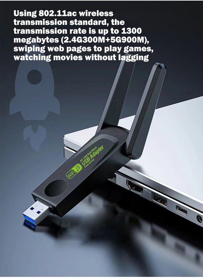 Wireless USB WiFi Adapter, 2.4/5Ghz Wireless Network External Receiver, Driver Free 1300Mbps Dual Band WiFi Dongle, Supporting Windows 11/10/8.1/8/7/XP