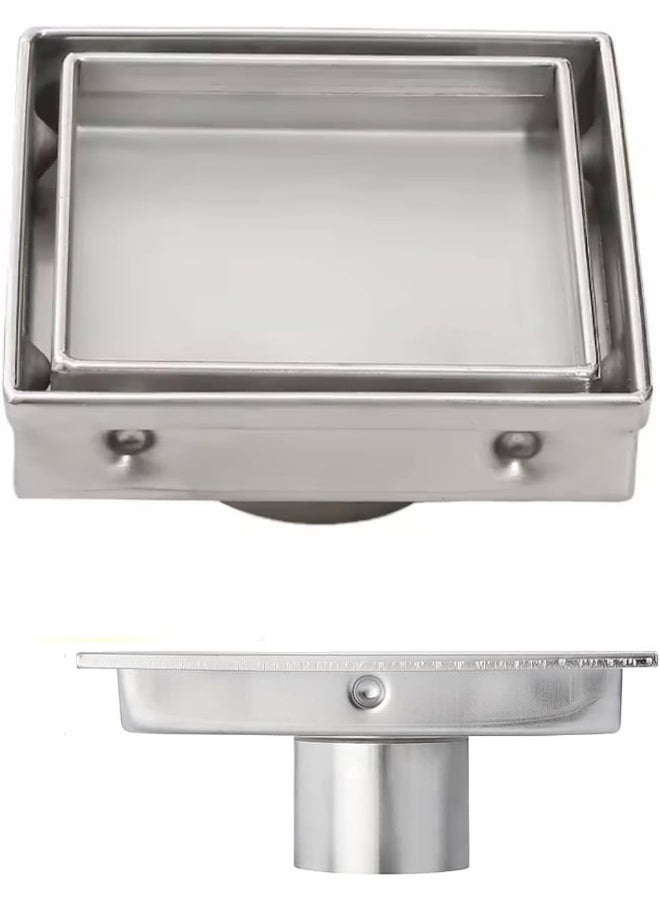 Biella Tile Insert Ss Floor Drain Square With Strainer And Nrv 304 Stainless Steel Anti-Clogging Odor Nrv Control Leak-Proof Silver For Kitchen Washroom Etc 4 Inch X 4 Inch X 2 Inch - Image 1