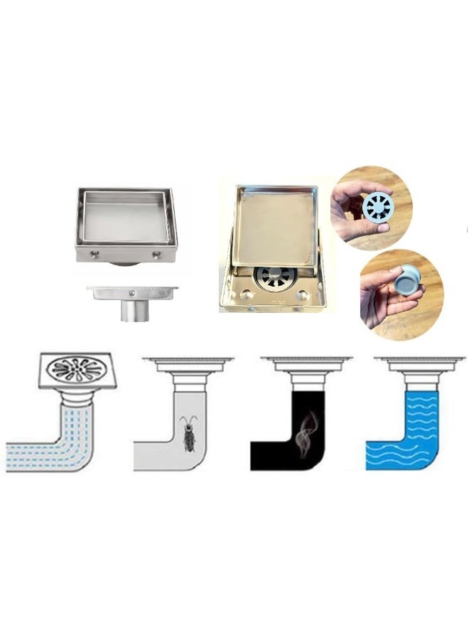 Biella Tile Insert Ss Floor Drain Square With Strainer And Nrv 304 Stainless Steel Anti-Clogging Odor Nrv Control Leak-Proof Silver For Kitchen Washroom Etc 4 Inch X 4 Inch X 2 Inch - Image 3