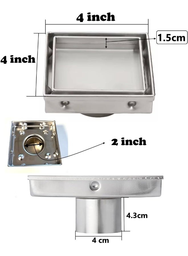 Biella Tile Insert Ss Floor Drain Square With Strainer And Nrv 304 Stainless Steel Anti-Clogging Odor Nrv Control Leak-Proof Silver For Kitchen Washroom Etc 4 Inch X 4 Inch X 2 Inch - Image 2