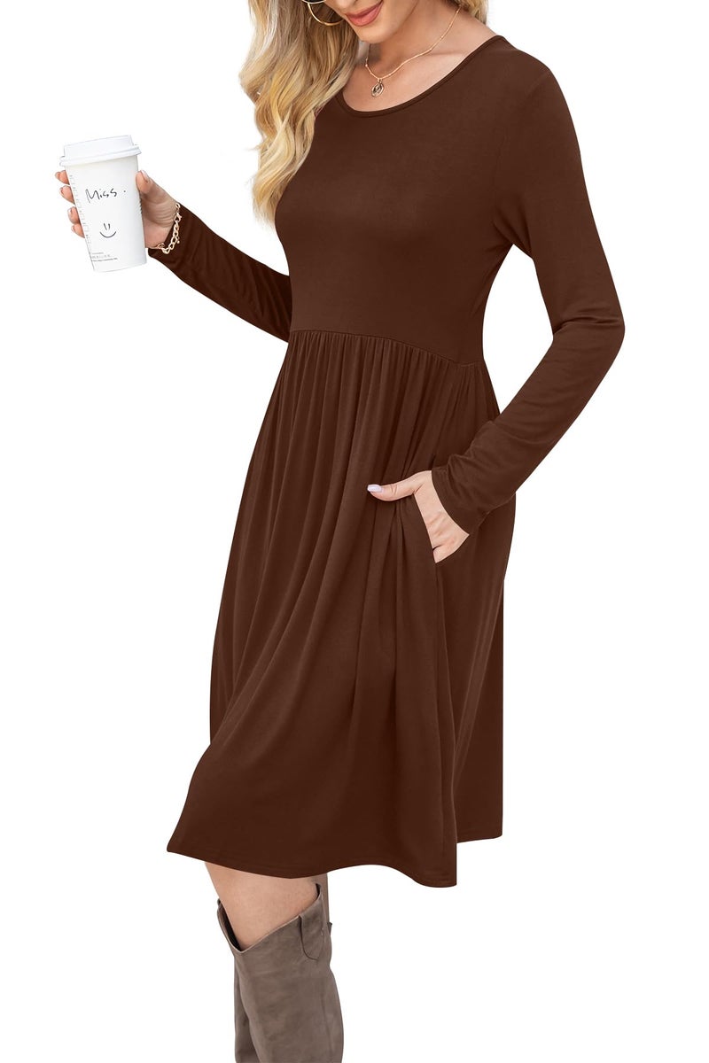 DB MOON Women Casual Long Sleeve Dresses Empire Waist Loose Dress with Pockets (Brown 02, L) - Image 2