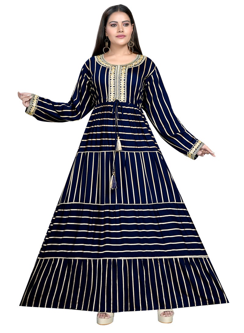 زينة فستان ماكسي نسائي مطبوع بأسلوب بوهيمي - قماش فيسكوز وريون ناعم - تطريز أنيق عند الصدر وجلابية بأكمام طويلة - Image 1