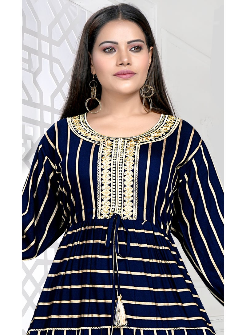 زينة فستان ماكسي نسائي مطبوع بأسلوب بوهيمي - قماش فيسكوز وريون ناعم - تطريز أنيق عند الصدر وجلابية بأكمام طويلة - Image 3