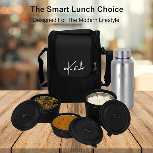 inKitch Microwave Safe Lunch Box Set with Bag | 3 Stainless Steel Inner Containers & 1 Steel Bottle | Leakproof Tiffin Box for Office, School, College | Durable, Easy to Carry, Black - Image 4