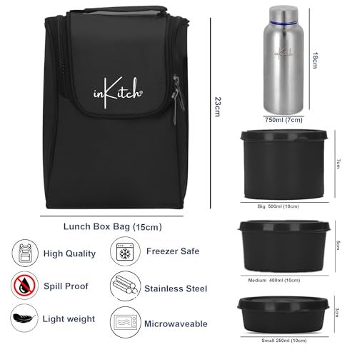 inKitch Microwave Safe Lunch Box Set with Bag | 3 Stainless Steel Inner Containers & 1 Steel Bottle | Leakproof Tiffin Box for Office, School, College | Durable, Easy to Carry, Black - Image 5