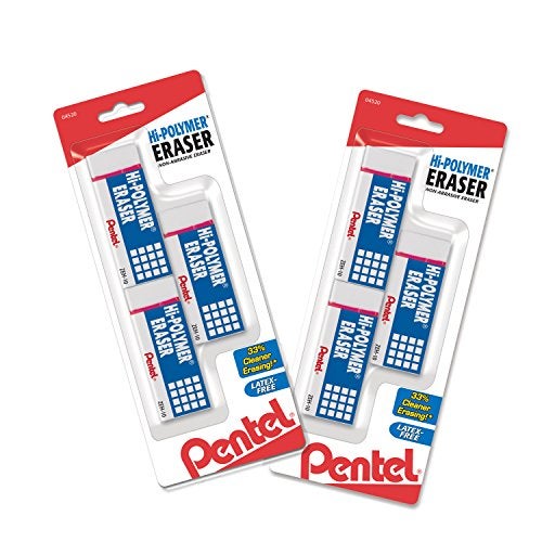 Pentel ممحاة بنتل هاي بوليمر، كبيرة، بيضاء 6 عبوة (ZEH10BP3P2) - Image 1