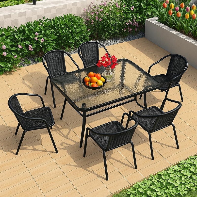 Harmony Home طقم طعام حديقة هارموني هوم - 7 قطع - 6 كراسي من الروطان مع وسائد وطاولة زجاجية - أثاث فناء من الروطان الأسود الأنثراسايت - مقاوم للعوامل الجوية - Image 4