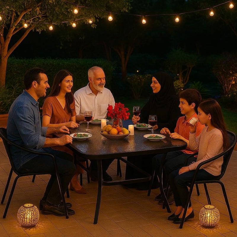 Harmony Home طقم طعام حديقة هارموني هوم - 7 قطع - 6 كراسي من الروطان مع وسائد وطاولة زجاجية - أثاث فناء من الروطان الأسود الأنثراسايت - مقاوم للعوامل الجوية - Image 2