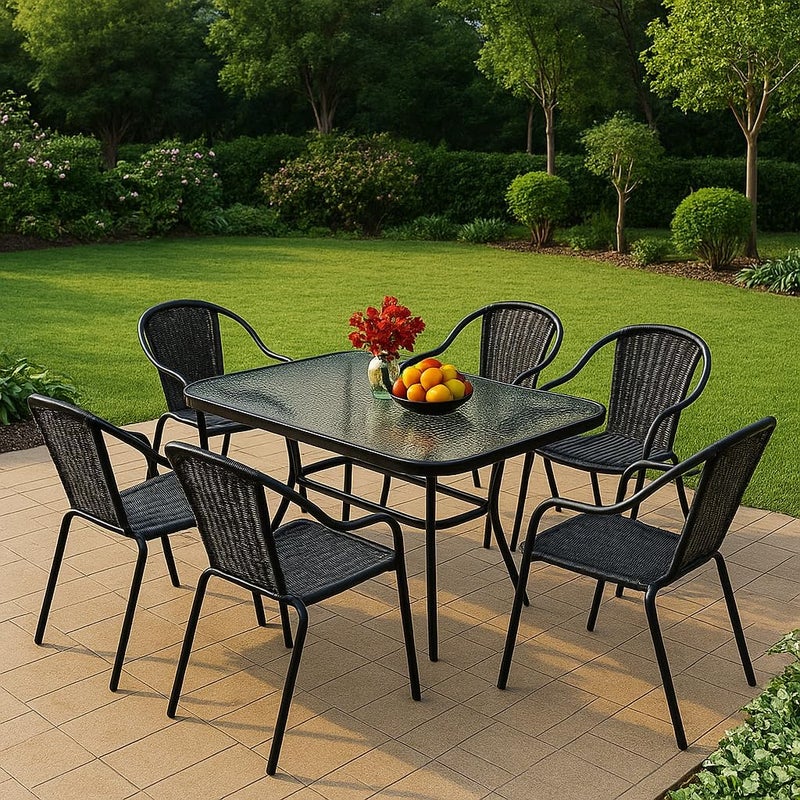 Harmony Home طقم طعام حديقة هارموني هوم - 7 قطع - 6 كراسي من الروطان مع وسائد وطاولة زجاجية - أثاث فناء من الروطان الأسود الأنثراسايت - مقاوم للعوامل الجوية - Image 1