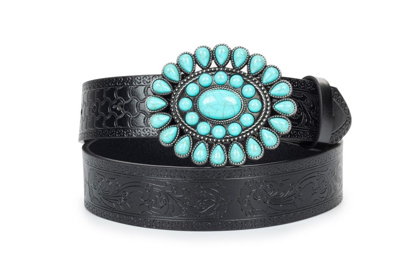 UTOWO Western Cowgirl Belt for Women,Vintage Engraved Tooled Leather Belt Turquoise Cowboy Country Belt - Image 2