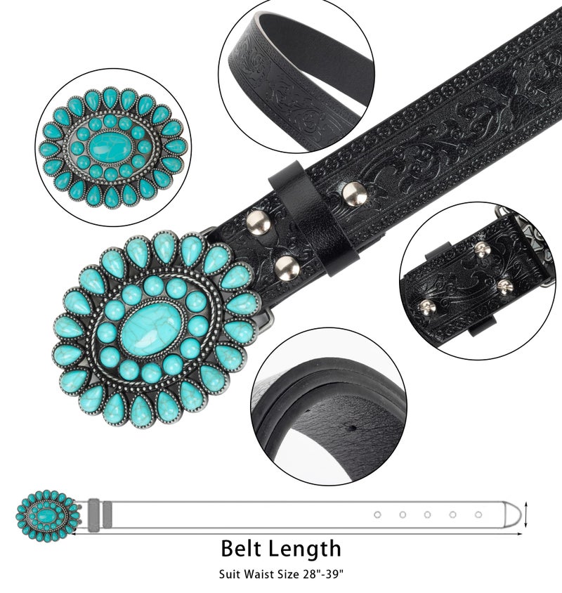 UTOWO Western Cowgirl Belt for Women,Vintage Engraved Tooled Leather Belt Turquoise Cowboy Country Belt - Image 3