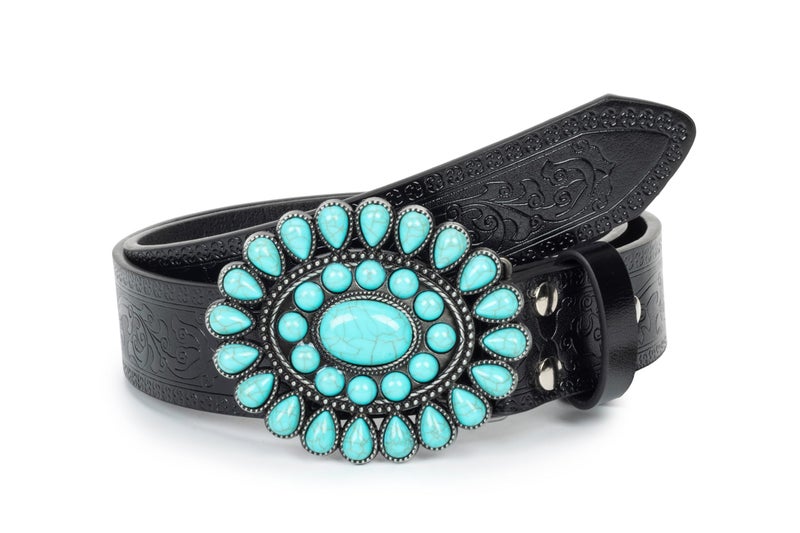 UTOWO Western Cowgirl Belt for Women,Vintage Engraved Tooled Leather Belt Turquoise Cowboy Country Belt - Image 1