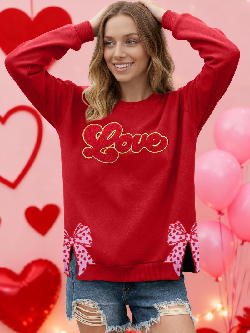 PECHAR Valentine Sweatshirts Women Love Valentines Shirts Embroidered Crewneck Long Sleeve Tops With Side Heart Applique - Image 4