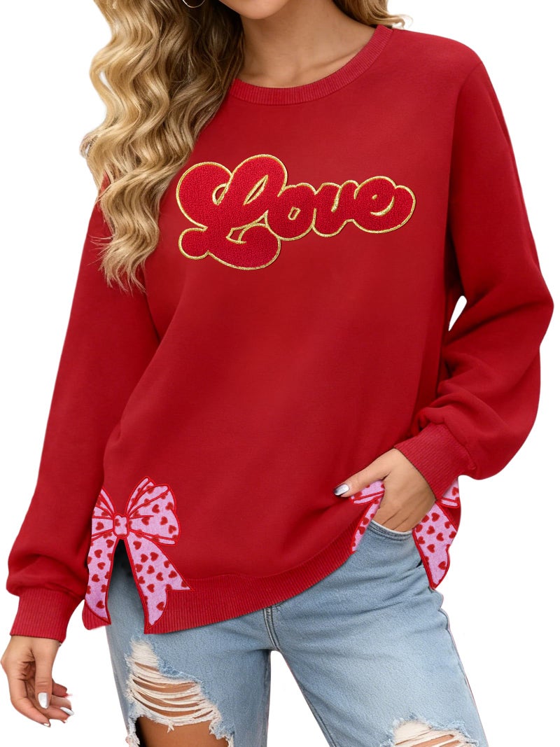 PECHAR Valentine Sweatshirts Women Love Valentines Shirts Embroidered Crewneck Long Sleeve Tops With Side Heart Applique - Image 1