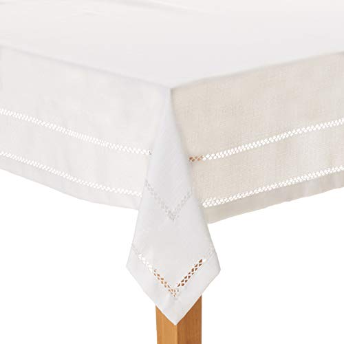 Violet Linen Hem Stitch Embroidered Vintage Design Tablecloth White 68" by 140" Oblong/Rectangle - Image 1