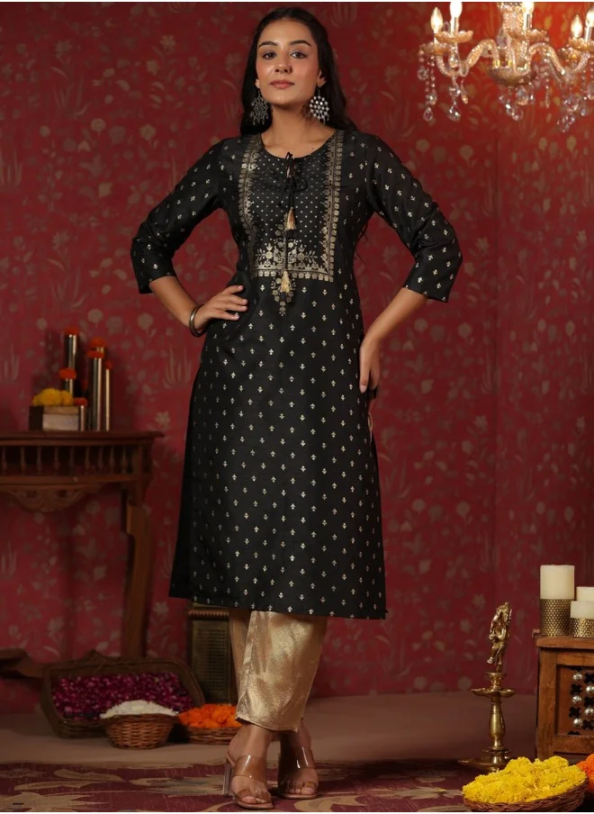 ISHIN Black Ethnic Motifs Printed Tie Up Neck Kurta