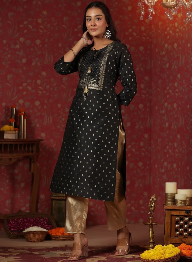 ISHIN Women's Black 100% Cotton Self Design A-Line Kurta