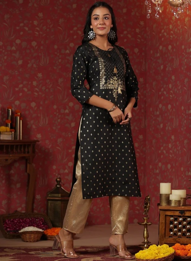 ISHIN Women's Black 100% Cotton Self Design A-Line Kurta