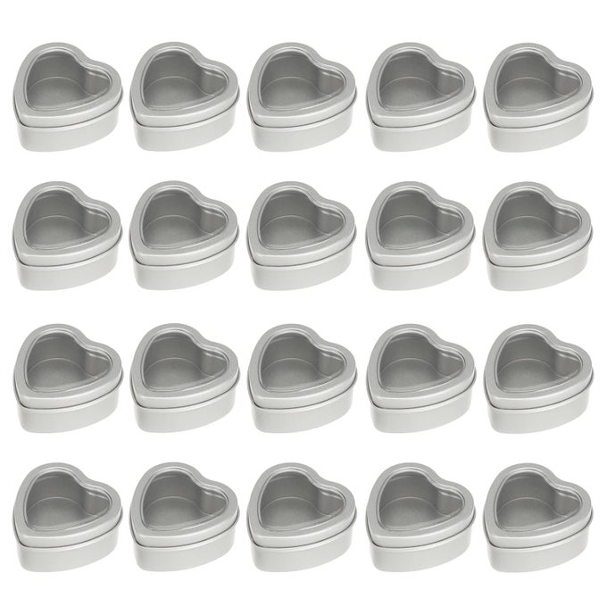 20 PACK 2OZ METAL TINS HEART SHAPED EMPTY TIN BOX WITH LIDS CANDLE JARS GIFT STORAGE CONTAINER CANS WITH CLEAR WINDOW FOR CANDLE MAKING CANDIES TREASURES