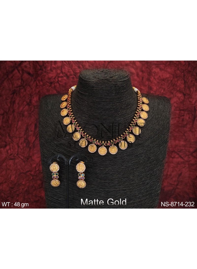 Antique Matte Gold Coin Necklace Set with Multi-Color Stones