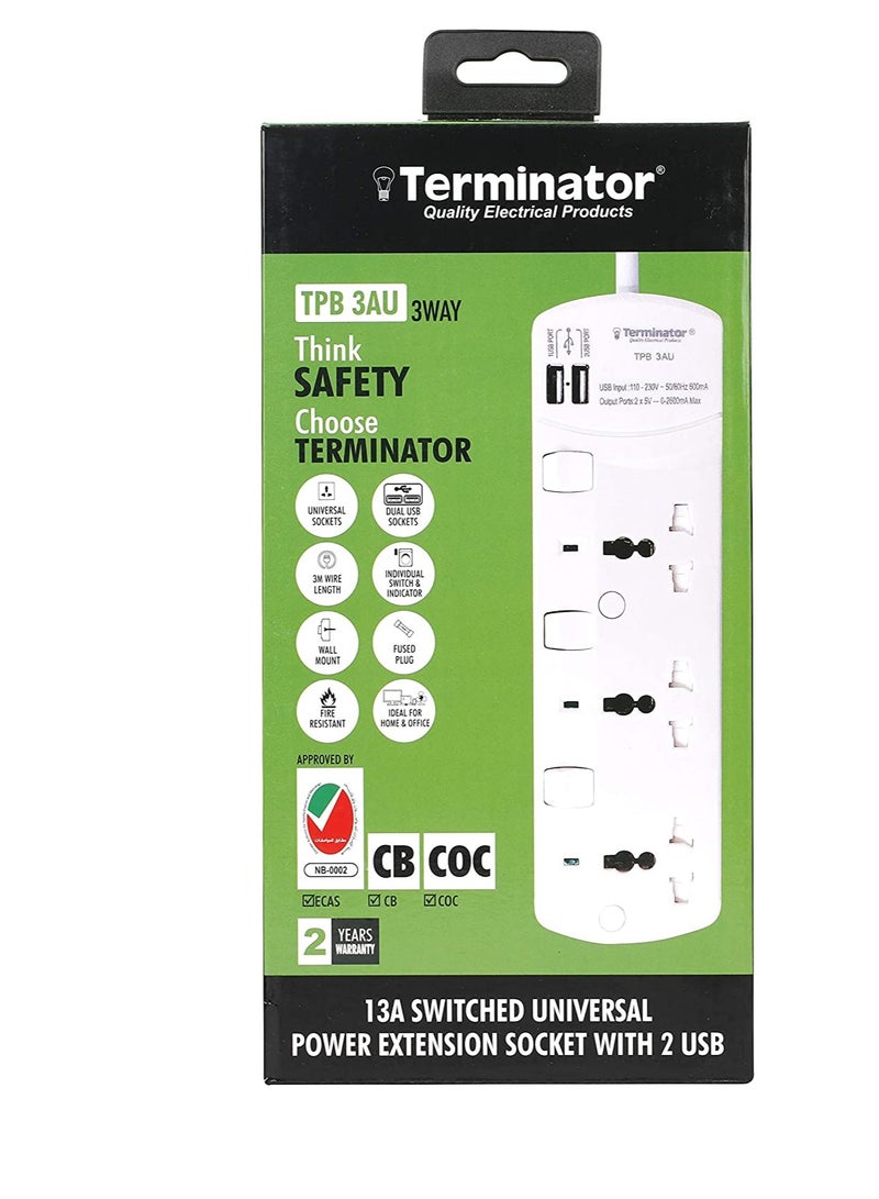 Terminator 3 Way Universal Power Extension Socket With Individual Switches And Indicators 2 USB - Image 2