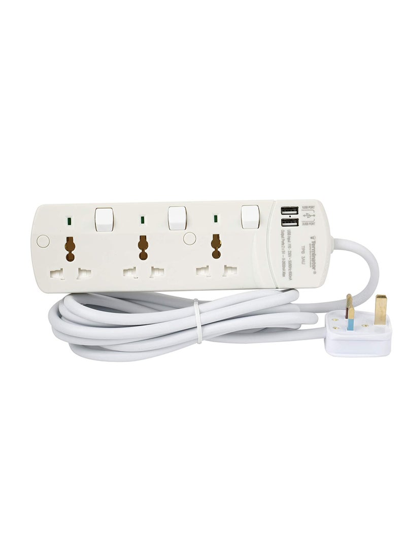 Terminator 3 Way Universal Power Extension Socket With Individual Switches And Indicators 2 USB - Image 1