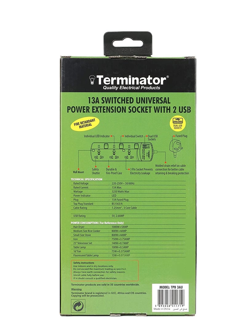 Terminator 3 Way Universal Power Extension Socket With Individual Switches And Indicators 2 USB - Image 3