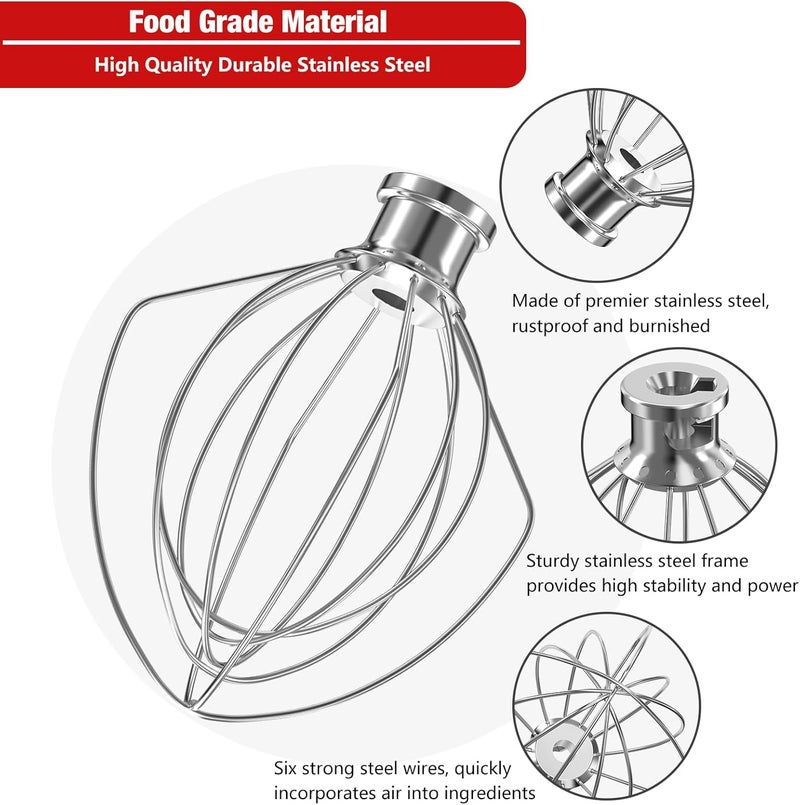 XINCAN ملحق خفق سلكي من الفولاذ المقاوم للصدأ 6 أسلاك من طراز K5A لخلاط KitchenAid من نوع رفع الوعاء سعة 5 كوارت، بديل خفاقة من الفولاذ المقاوم للصدأ لخلاط Kitchen Aid، آمن للغسيل في غسالة الأطباق، خفاقة للبيض والكريمة الثقيلة. - Image 2