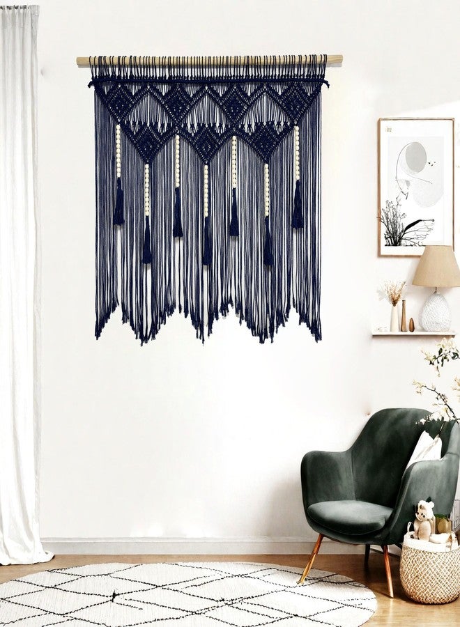 Youngeast Large Macrame Wall Hanging Boho Woven Tapestry Bohemian Macrame Wall Decor Handmade Tassel Tapestry Home Decoration for Bedroom Living Room 39"X31" (Wood Dowels Not Included) (Navy) - Image 2