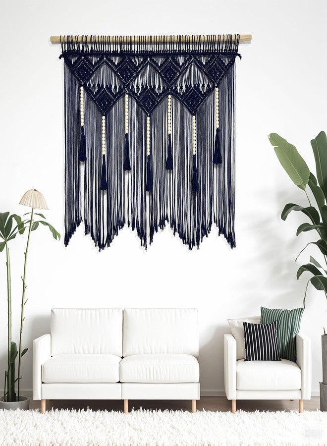 Youngeast Large Macrame Wall Hanging Boho Woven Tapestry Bohemian Macrame Wall Decor Handmade Tassel Tapestry Home Decoration for Bedroom Living Room 39"X31" (Wood Dowels Not Included) (Navy) - Image 1