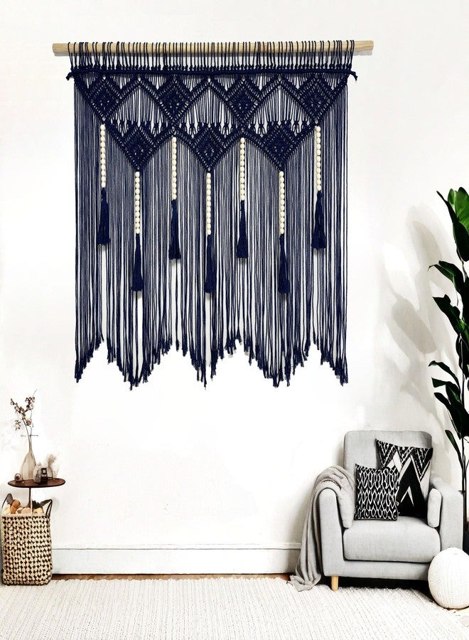 Youngeast Large Macrame Wall Hanging Boho Woven Tapestry Bohemian Macrame Wall Decor Handmade Tassel Tapestry Home Decoration for Bedroom Living Room 39"X31" (Wood Dowels Not Included) (Navy) - Image 3