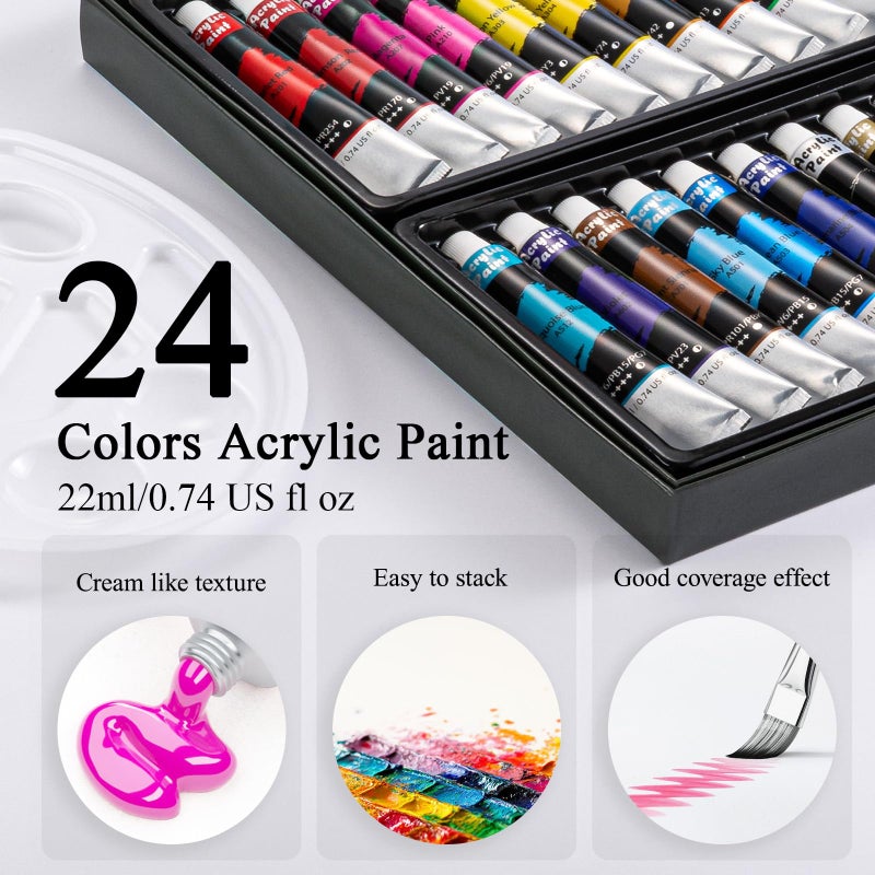 Inburit Acrylic Paint Set, Painting Supplies Kits with 24 Acrylic Paints(22ml), 8 Brushes,1 Wooden Easel,1 Palette etc, Paint Kit for Kids,Adults and Artists - Image 3