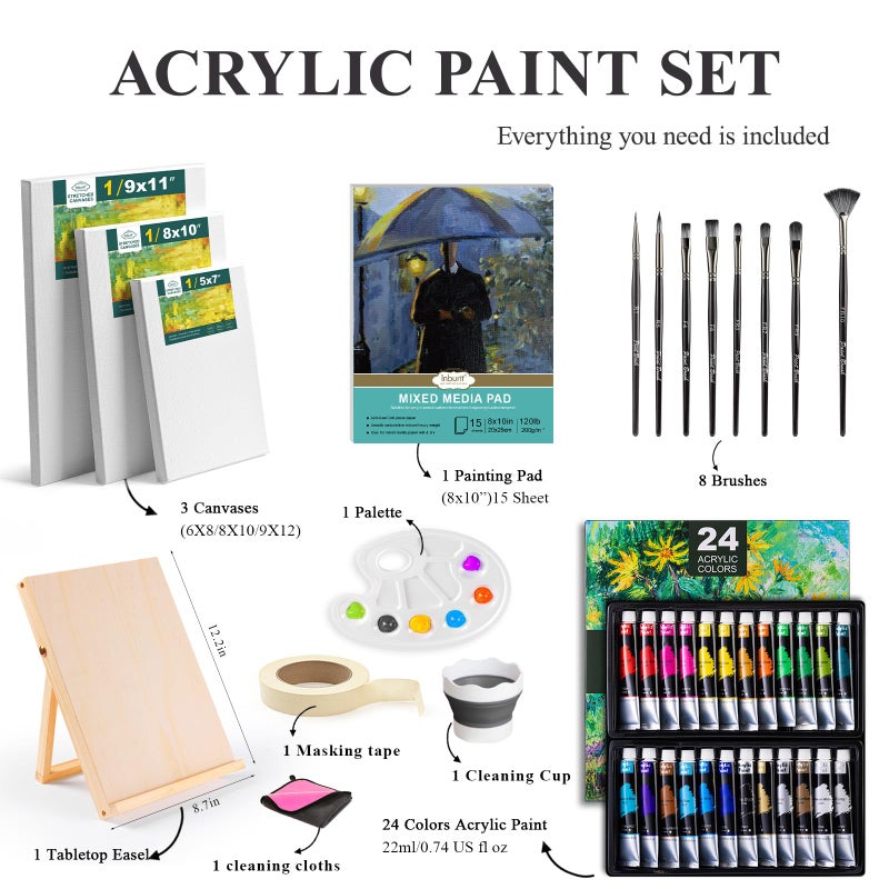 Inburit Acrylic Paint Set, Painting Supplies Kits with 24 Acrylic Paints(22ml), 8 Brushes,1 Wooden Easel,1 Palette etc, Paint Kit for Kids,Adults and Artists - Image 2