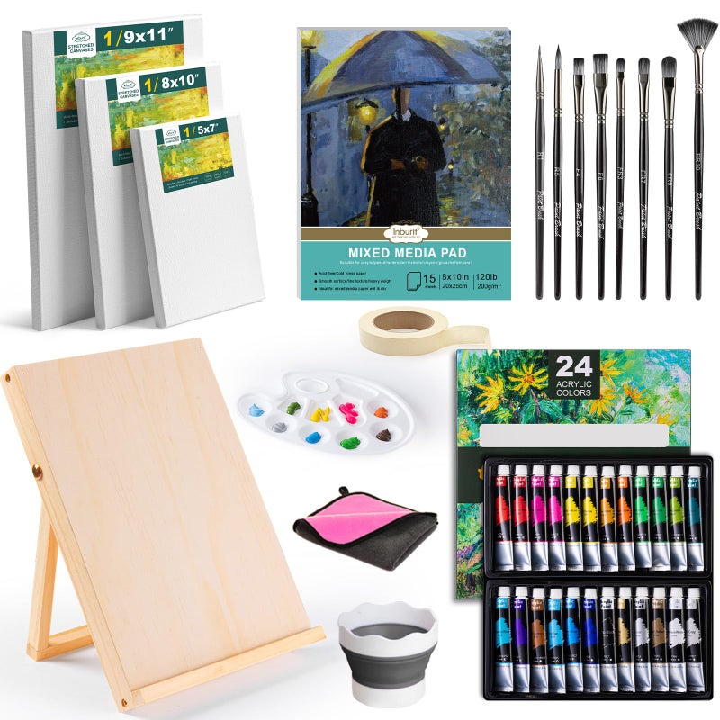 Inburit Acrylic Paint Set, Painting Supplies Kits with 24 Acrylic Paints(22ml), 8 Brushes,1 Wooden Easel,1 Palette etc, Paint Kit for Kids,Adults and Artists - Image 1