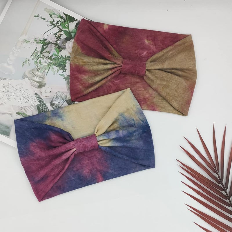 YONUF Wide Boho Headbands for Women Fashion Knotted Headband Yoga Workout Hair Accessories African Head Wrap Red Tie Dye 4 Pack - Image 3