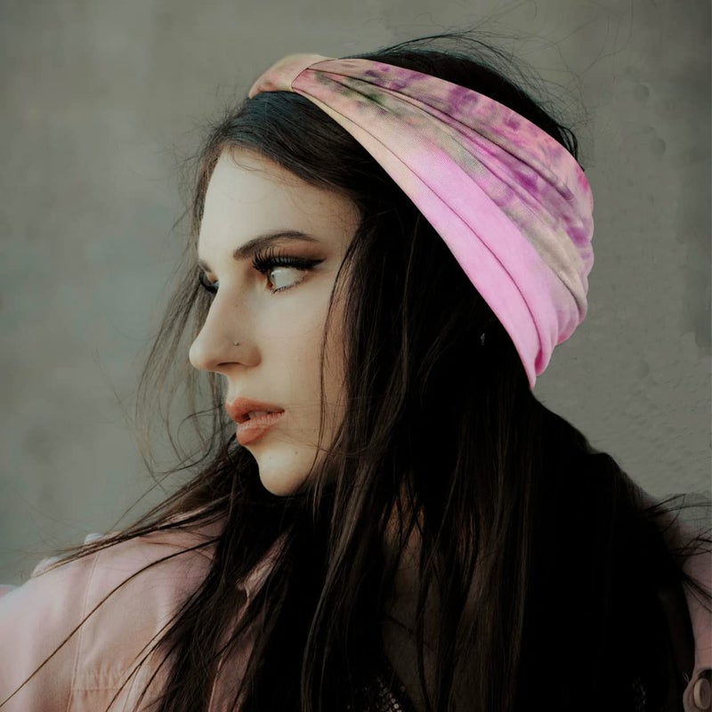 YONUF Wide Boho Headbands for Women Fashion Knotted Headband Yoga Workout Hair Accessories African Head Wrap Red Tie Dye 4 Pack - Image 5
