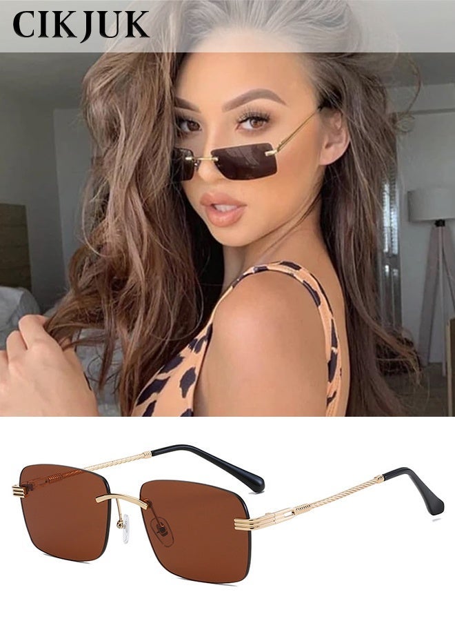 CIKJUK Rimless Sunglasses Women Men Metal Frame Sun Glasses Rectangle Men's Women's Sunglass Retro Eye Glasses Frameless for Mens Sun Glas UV Protection Shades Brown - Image 1