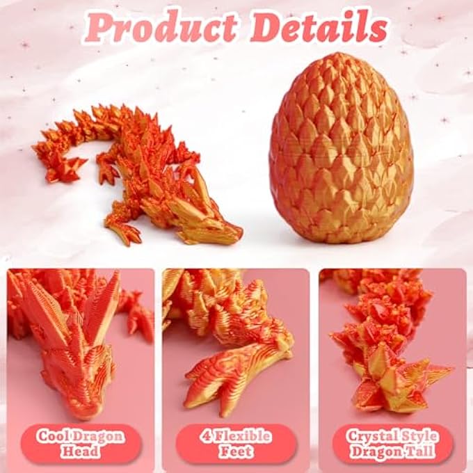Flavery 4 Pack 3D Printed Dragon in Egg - Gemstone Egg with Flexible Crystal Dragon Inside, Cute Fidget Toy, Birthday Gift, Desk Pet Figure, Easter Basket Essentials (4A1) - Image 2