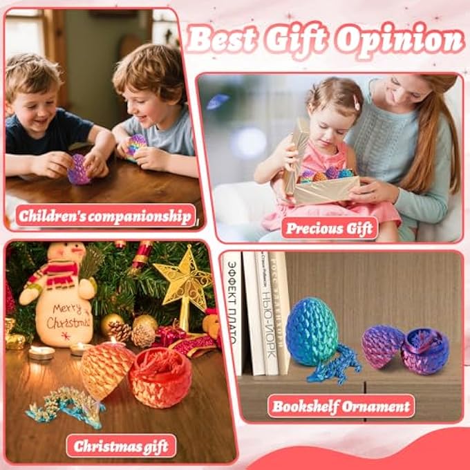 Flavery 4 Pack 3D Printed Dragon in Egg - Gemstone Egg with Flexible Crystal Dragon Inside, Cute Fidget Toy, Birthday Gift, Desk Pet Figure, Easter Basket Essentials (4A1) - Image 4