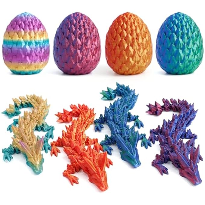 Flavery 4 Pack 3D Printed Dragon in Egg - Gemstone Egg with Flexible Crystal Dragon Inside, Cute Fidget Toy, Birthday Gift, Desk Pet Figure, Easter Basket Essentials (4A1) - Image 1