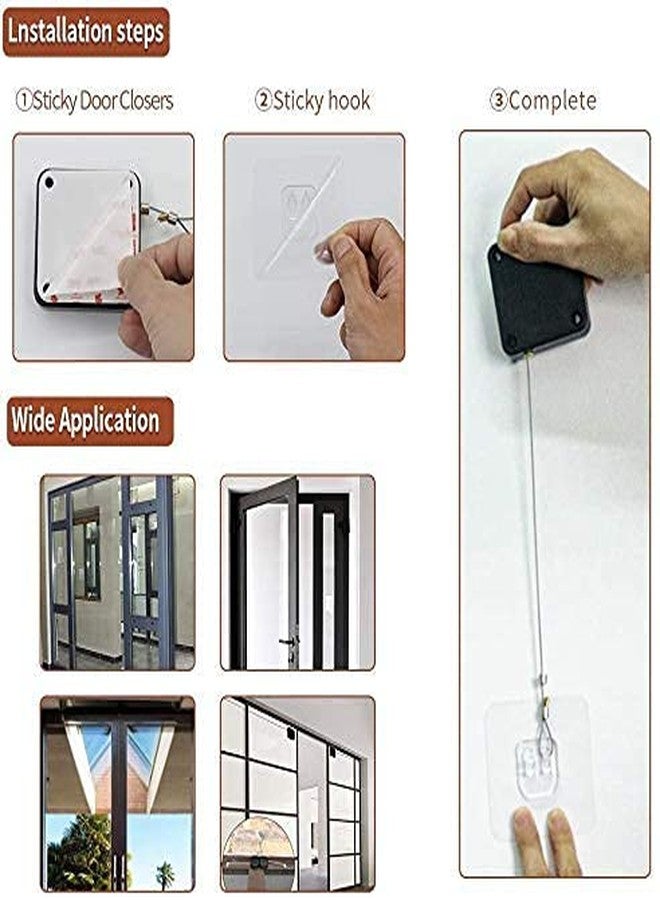 LAVNIK 2 Pc Punch Free Self Adhesive Retractable Automatic Self Closing Sliding Window Door String Steel Rope Closer DIY Tool with Screw Option, Closer Door for Internal, Home, Storm (Black) - Image 5