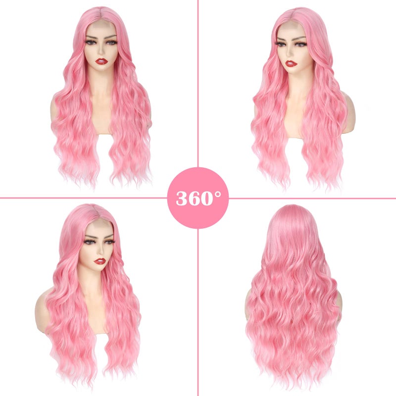 Angzon Long Pink Wavy Wig Middle Part for Women 26 Inch Light Pink Curly Wavy Wigs Natural Looking Synthetic Heat Resistant Fiber Wig for Daily Party Use - Image 3