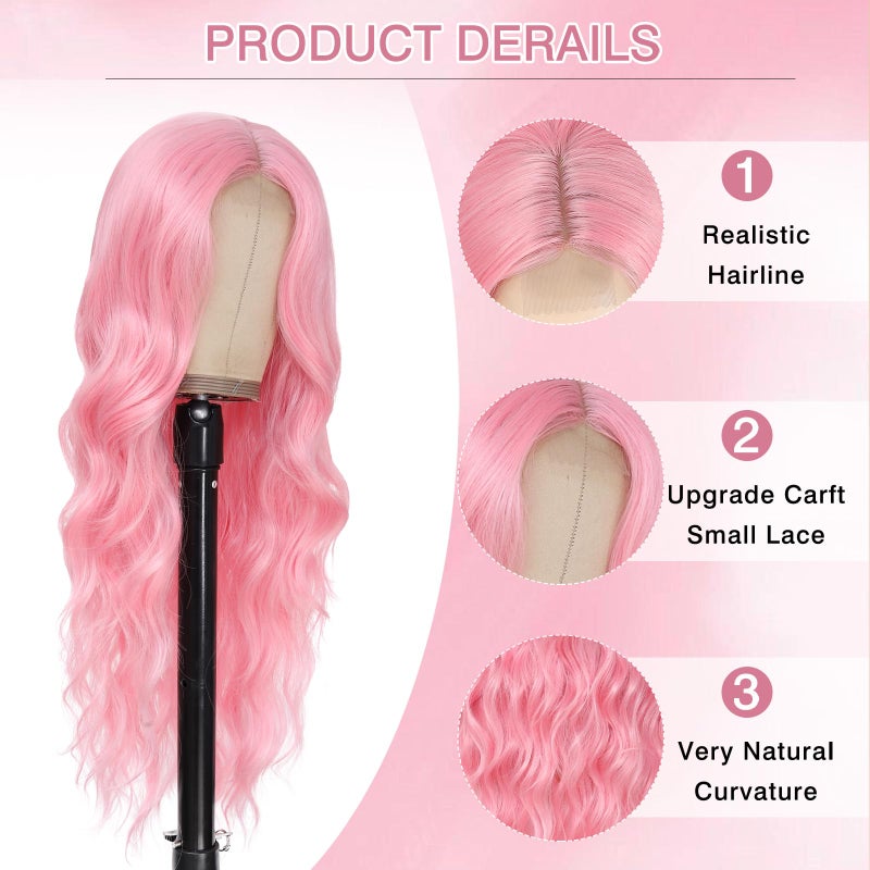 Angzon Long Pink Wavy Wig Middle Part for Women 26 Inch Light Pink Curly Wavy Wigs Natural Looking Synthetic Heat Resistant Fiber Wig for Daily Party Use - Image 4
