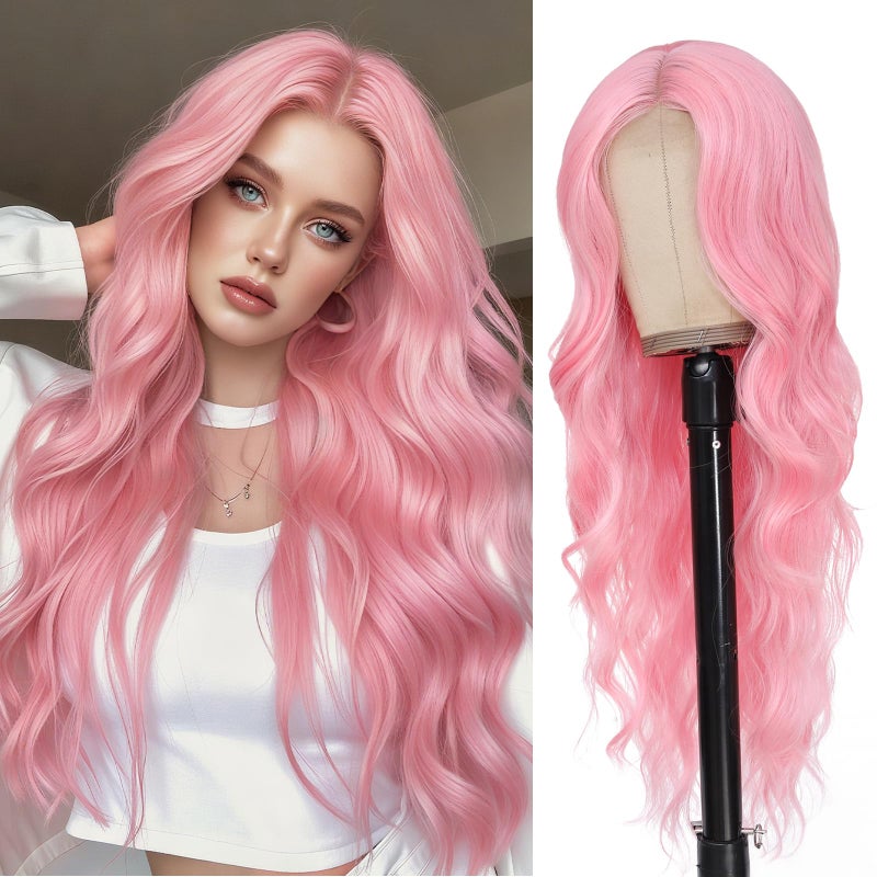 Angzon Long Pink Wavy Wig Middle Part for Women 26 Inch Light Pink Curly Wavy Wigs Natural Looking Synthetic Heat Resistant Fiber Wig for Daily Party Use - Image 1