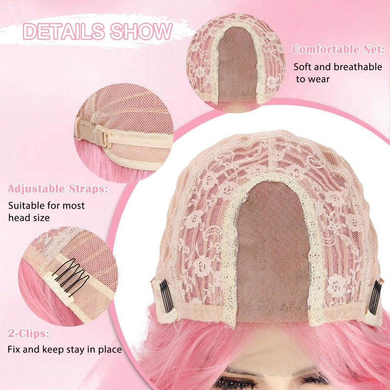 Angzon Long Pink Wavy Wig Middle Part for Women 26 Inch Light Pink Curly Wavy Wigs Natural Looking Synthetic Heat Resistant Fiber Wig for Daily Party Use - Image 5