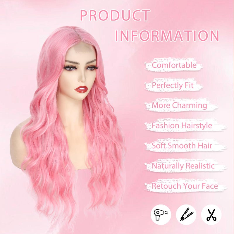 Angzon Long Pink Wavy Wig Middle Part for Women 26 Inch Light Pink Curly Wavy Wigs Natural Looking Synthetic Heat Resistant Fiber Wig for Daily Party Use - Image 2